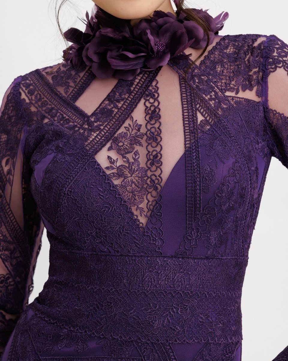 Patterned Lace Long Sleeves Dress - Gemy Maalouf