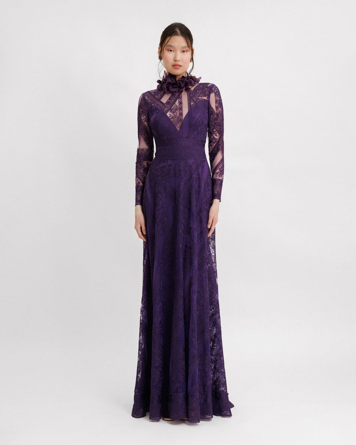Patterned Lace Long Sleeves Dress - Gemy Maalouf