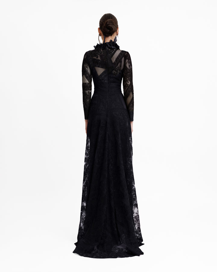 Patterned Lace Long Sleeves Black Dress