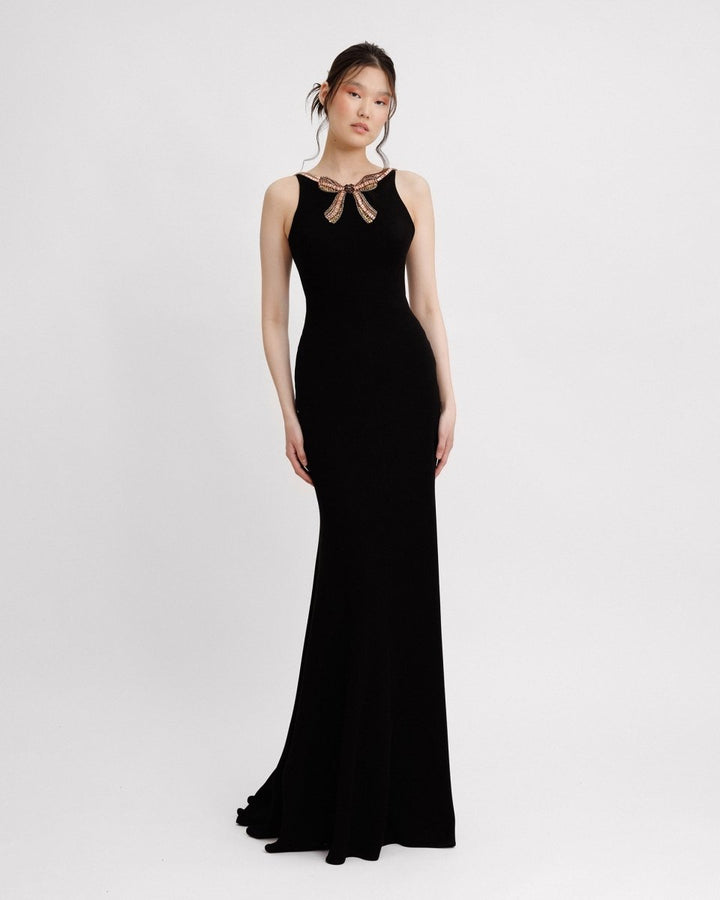 Slim - cut Dress With Beaded Bow - Gemy Maalouf