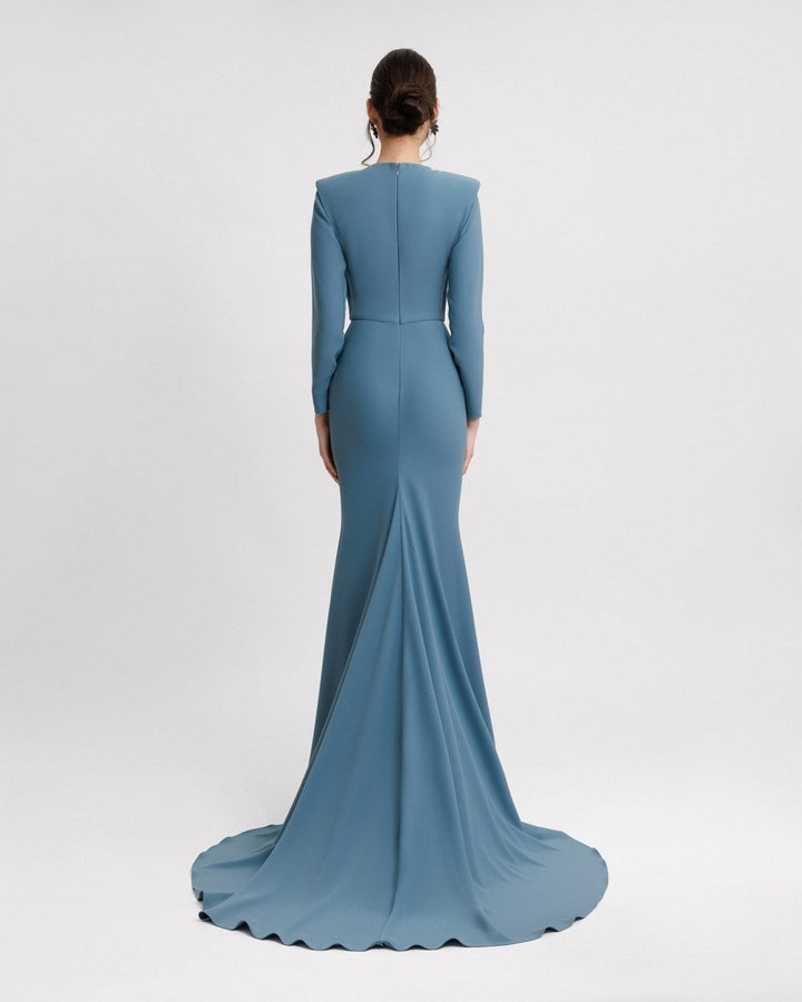 Long Sleeved Beaded Cowl - neckline Crepe Dress - Gemy Maalouf