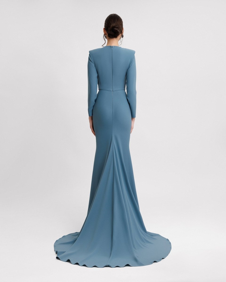 Long Sleeved Beaded Cowl - neckline Crepe Dress - Gemy Maalouf
