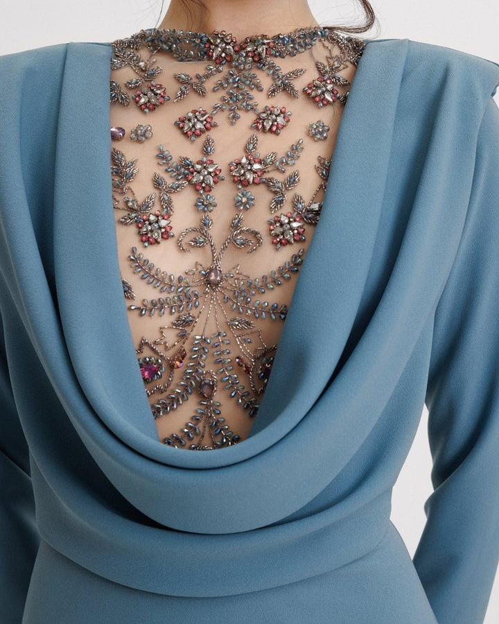 Long Sleeved Beaded Cowl - neckline Crepe Dress - Gemy Maalouf