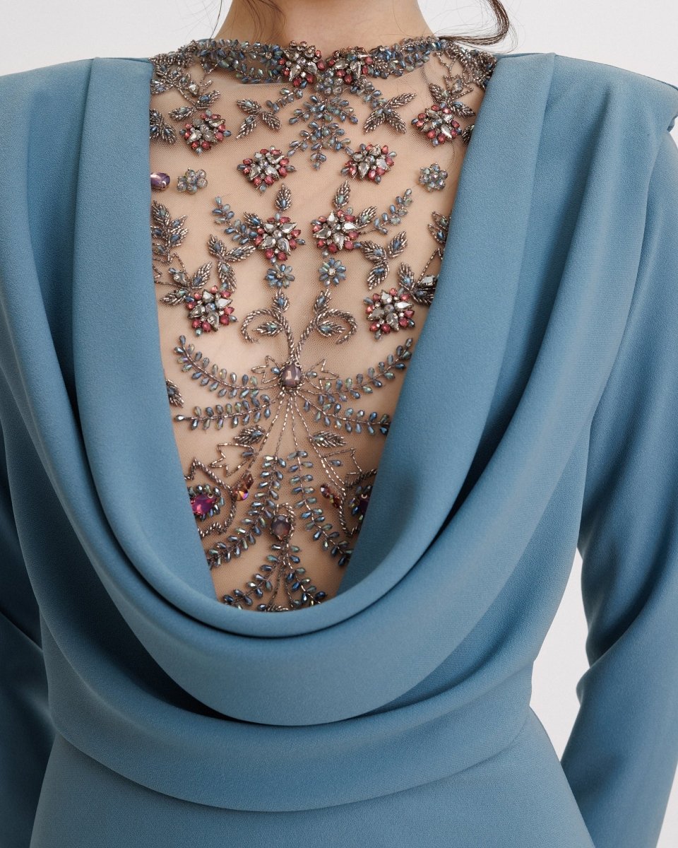 Long Sleeved Beaded Cowl - neckline Crepe Dress - Gemy Maalouf