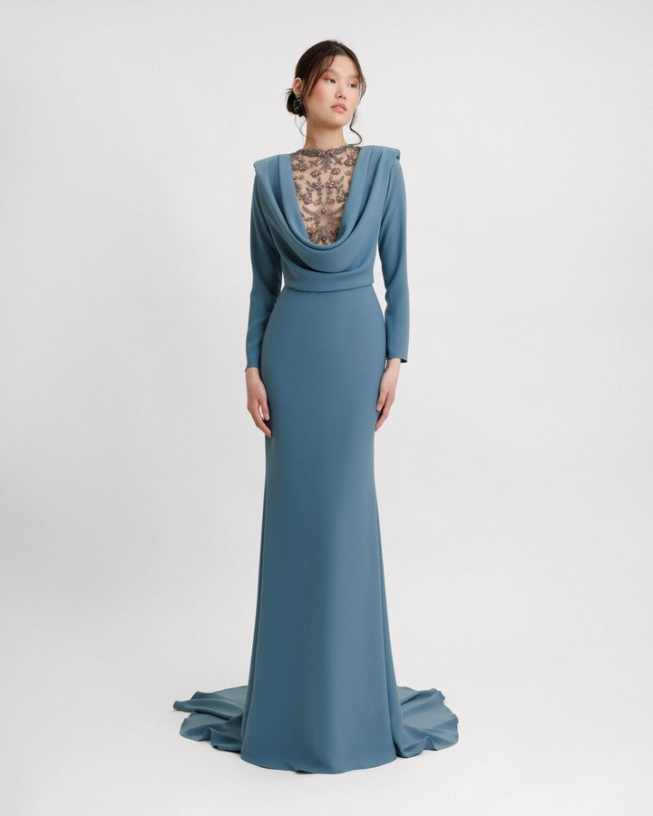 Long Sleeved Beaded Cowl - neckline Crepe Dress - Gemy Maalouf
