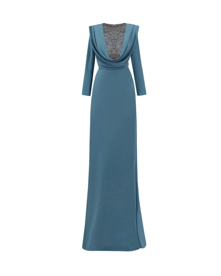 Long Sleeved Beaded Cowl-neckline Crepe Dress