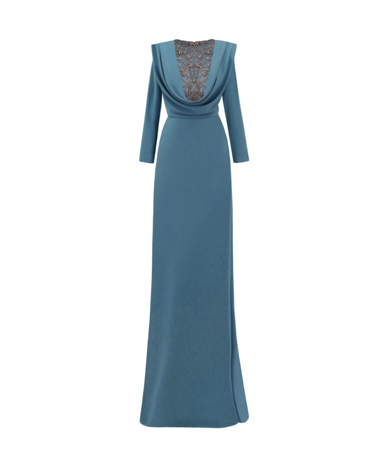 Long Sleeved Beaded Cowl-neckline Crepe Dress