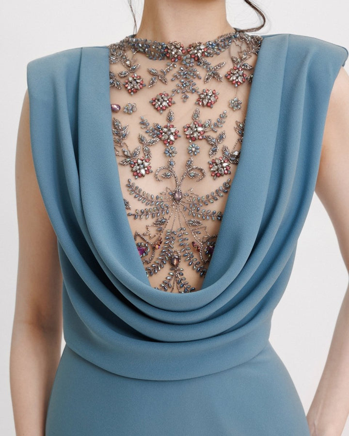 Beaded Cowl - neckline Crepe Dress - Gemy Maalouf