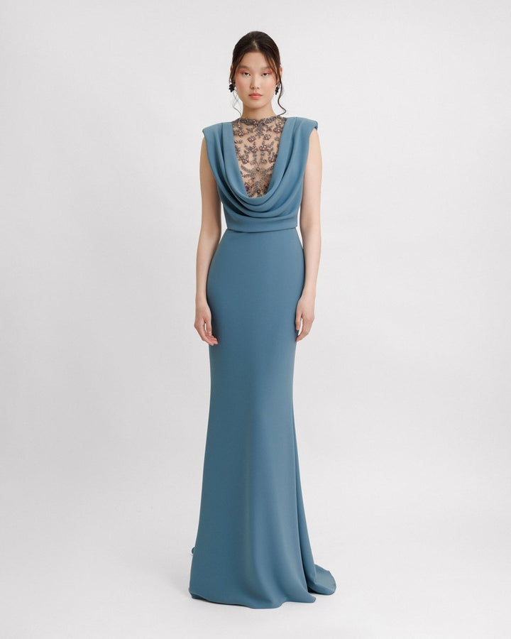 Beaded Cowl - neckline Crepe Dress - Gemy Maalouf