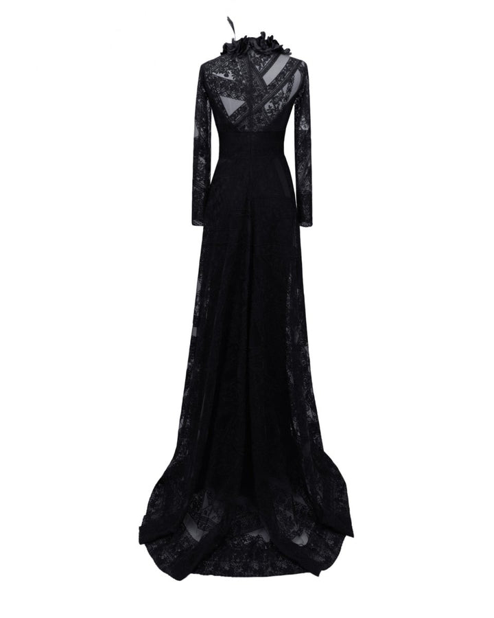 Patterned Lace Long Sleeves Black Dress - Gemy Maalouf
