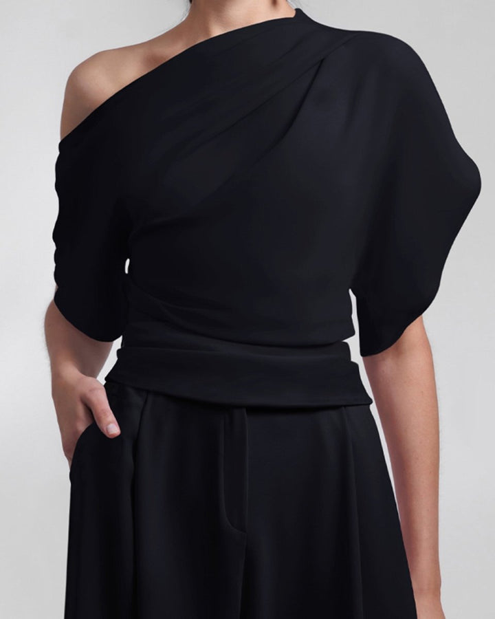 Black Draped Top and Straight - Cut Pants - Gemy Maalouf