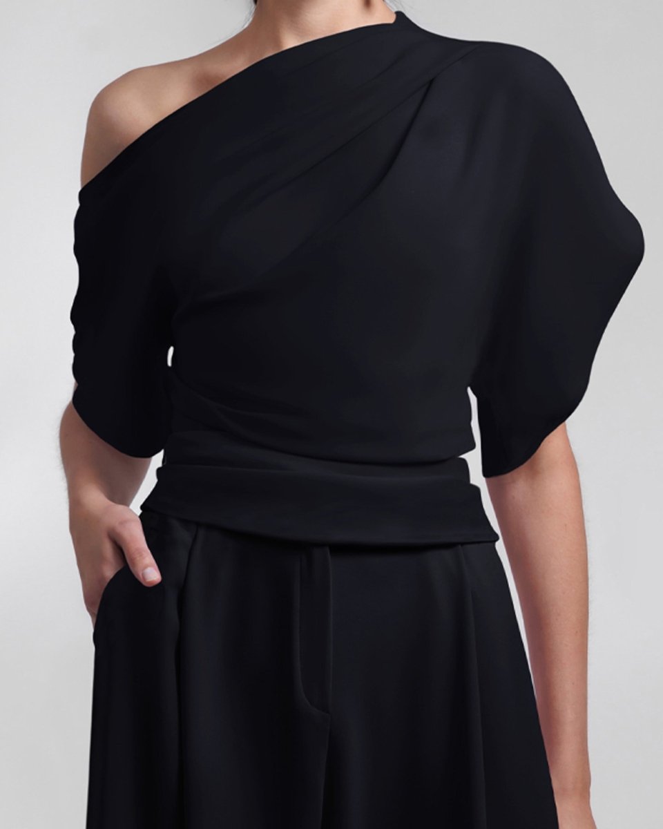 Black Draped Top and Straight - Cut Pants - Gemy Maalouf