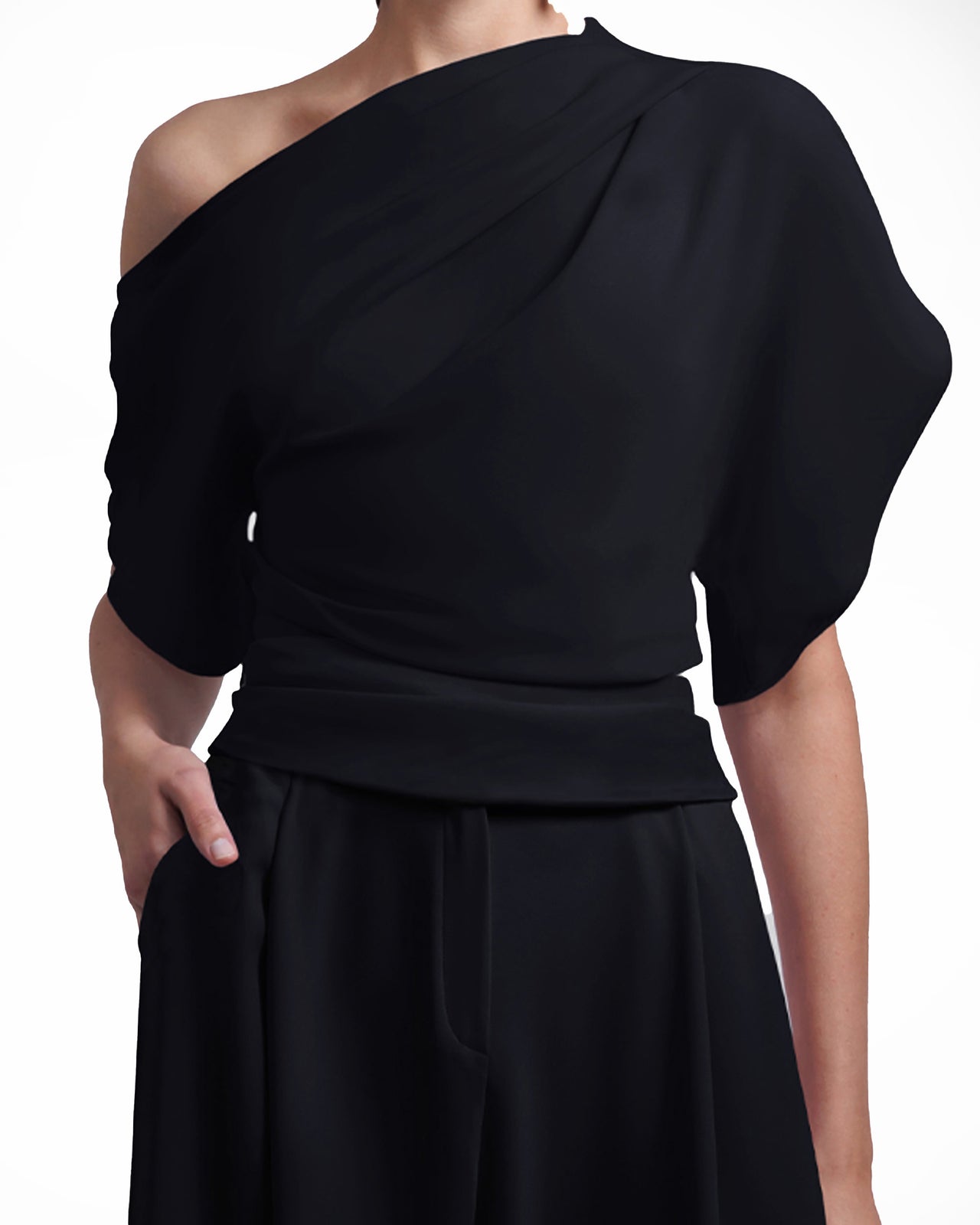 Black Draped Top and Straight-Cut Pants