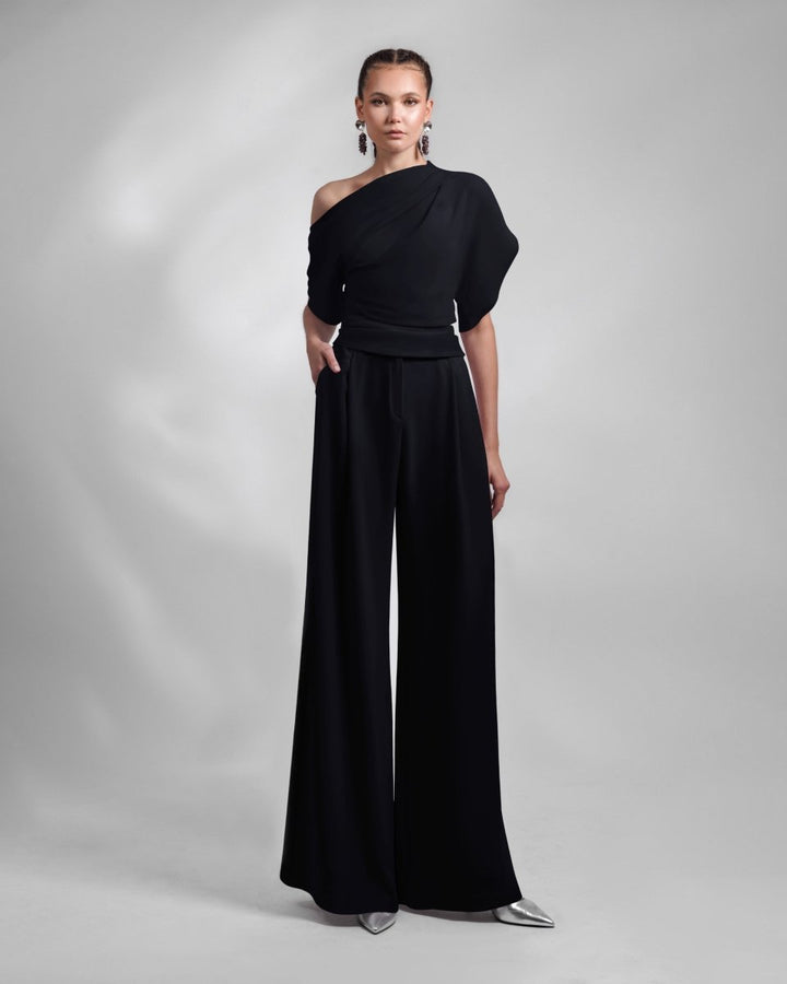 Black Draped Top and Straight - Cut Pants - Gemy Maalouf