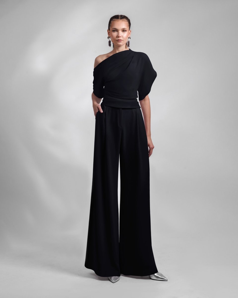 Black Draped Top and Straight - Cut Pants - Gemy Maalouf