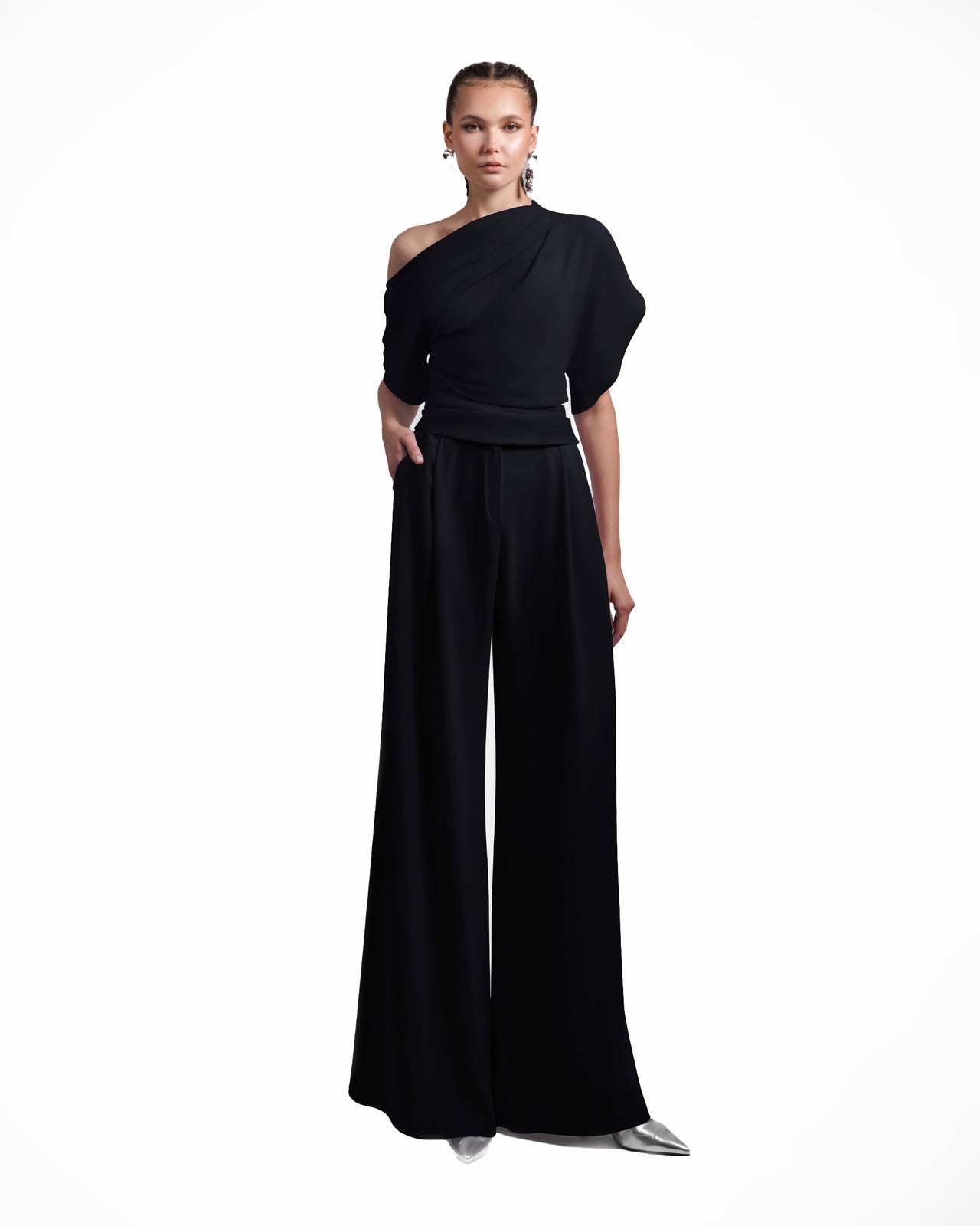 Black Draped Top and Straight-Cut Pants