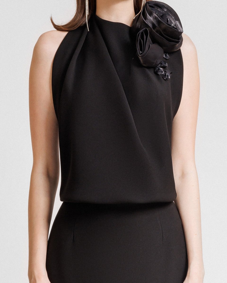 Midi Crepe Dress With Floral Draping - Gemy Maalouf