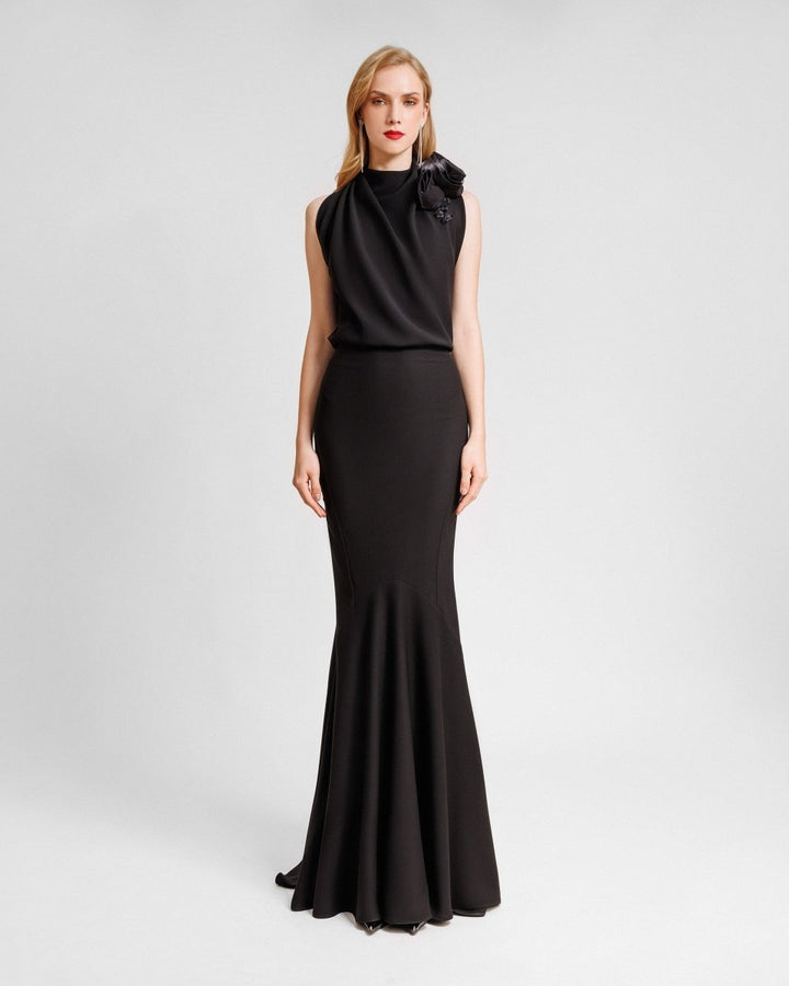 Long Crepe Dress With Floral Draping - Gemy Maalouf
