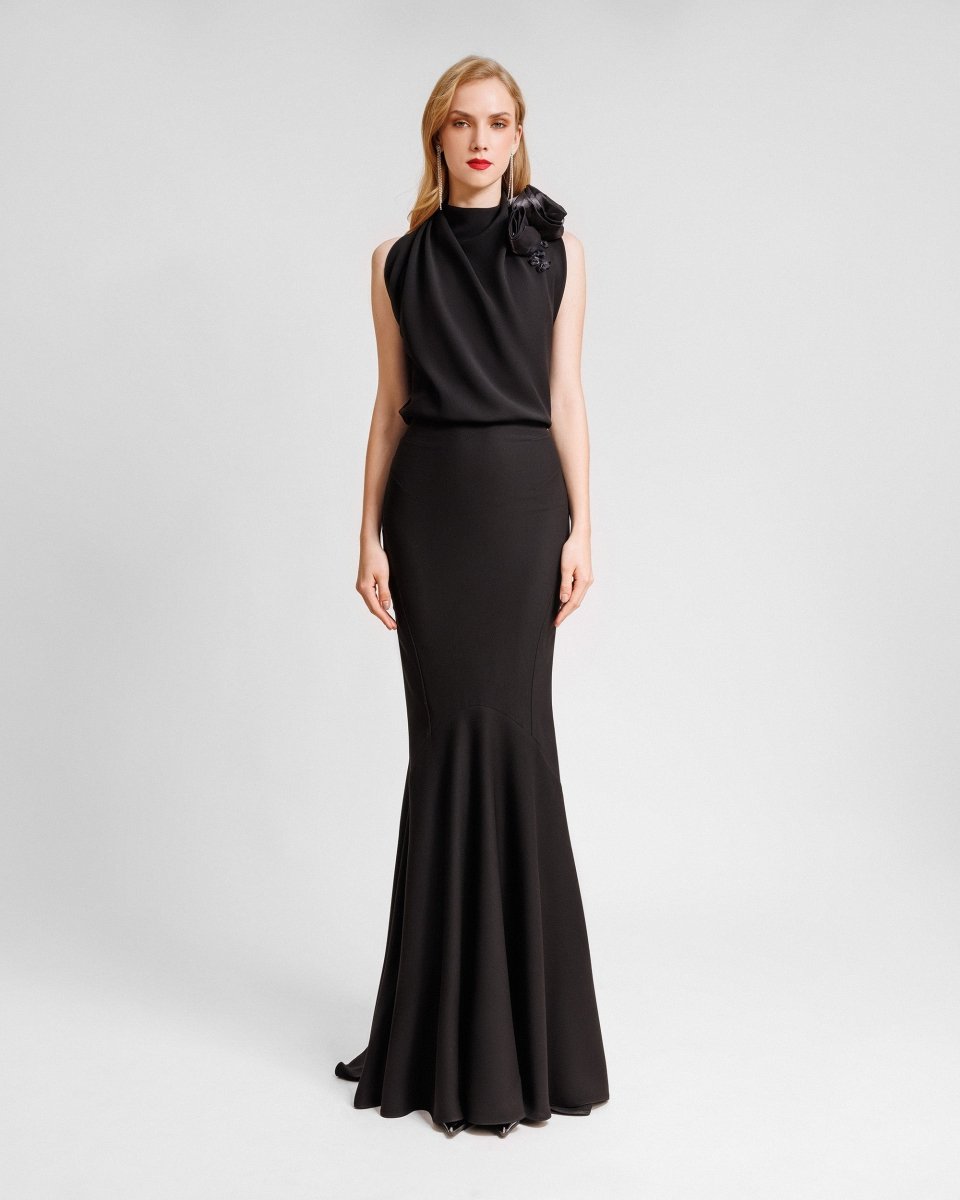 Long Crepe Dress With Floral Draping - Gemy Maalouf