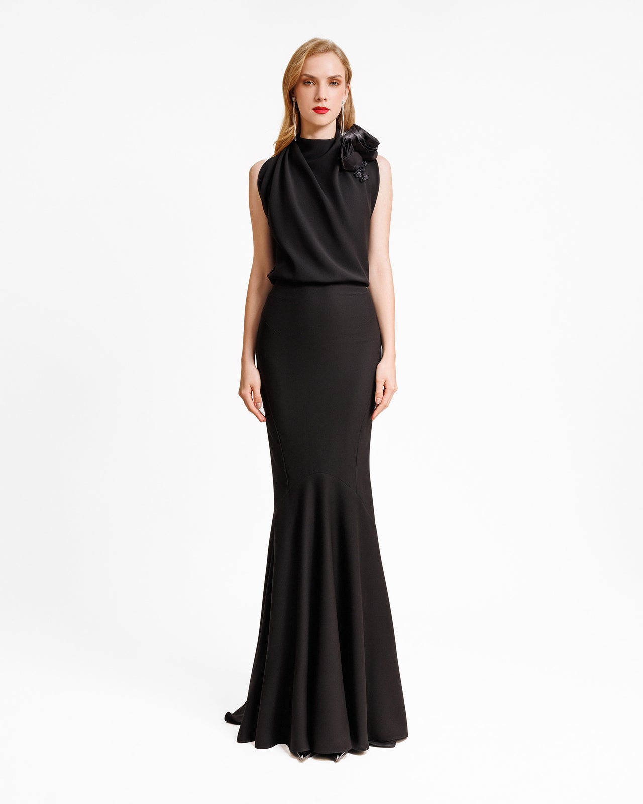 Long Crepe Dress With Floral Draping