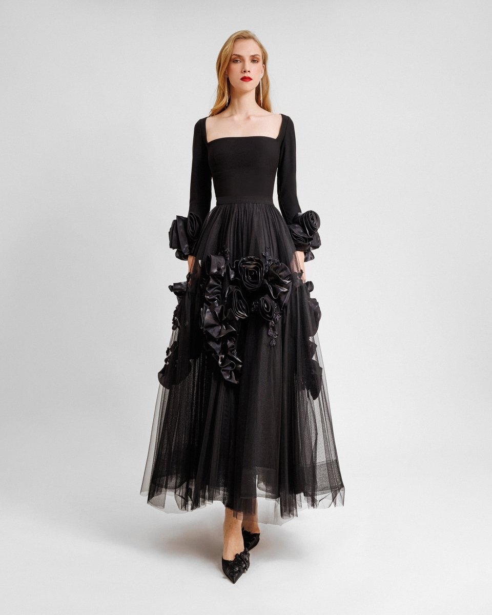 Midi Tulle Dress With Floral Cuffs - Gemy Maalouf