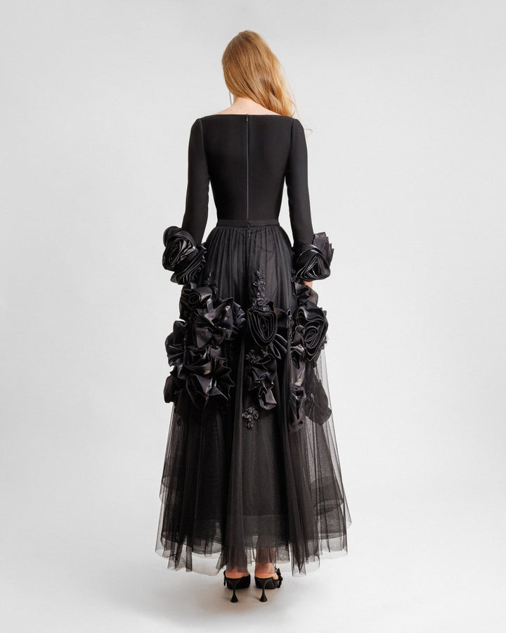 Midi Tulle Dress With Floral Cuffs - Gemy Maalouf