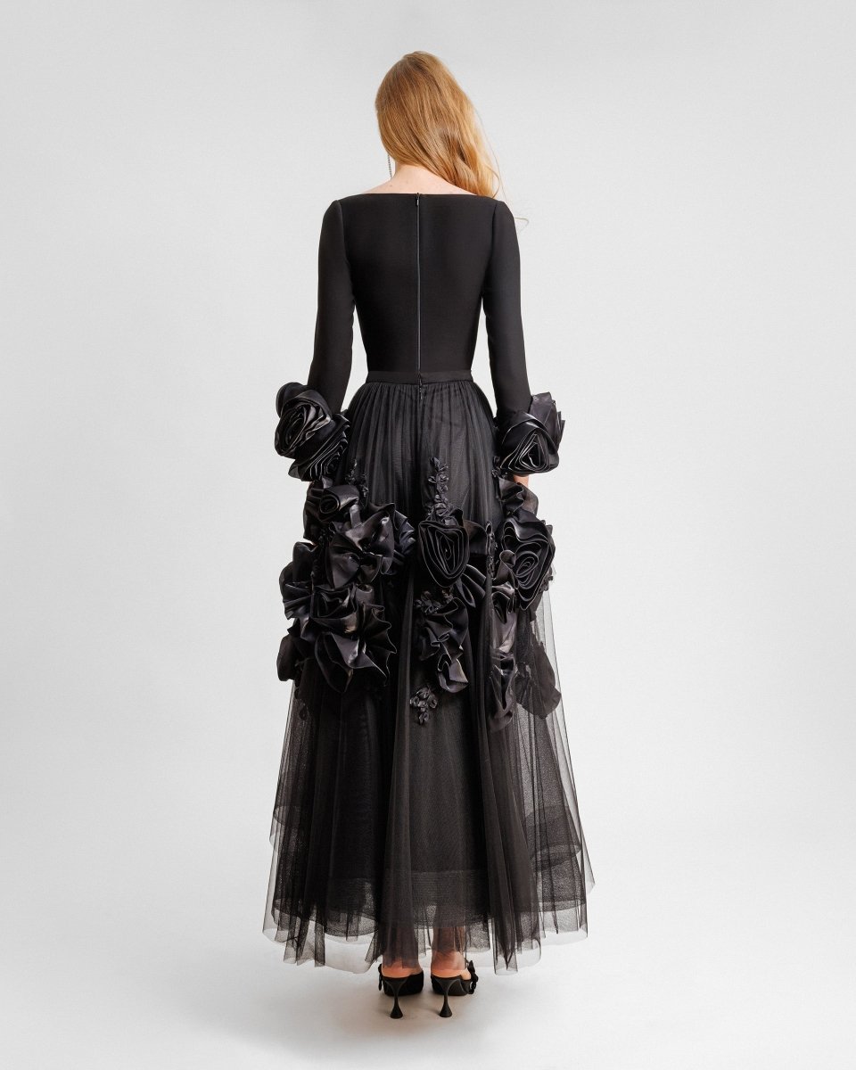 Midi Tulle Dress With Floral Cuffs - Gemy Maalouf