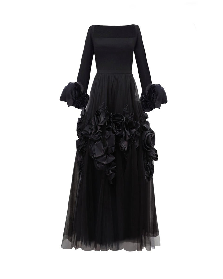 Midi Tulle Dress With Floral Cuffs - Gemy Maalouf