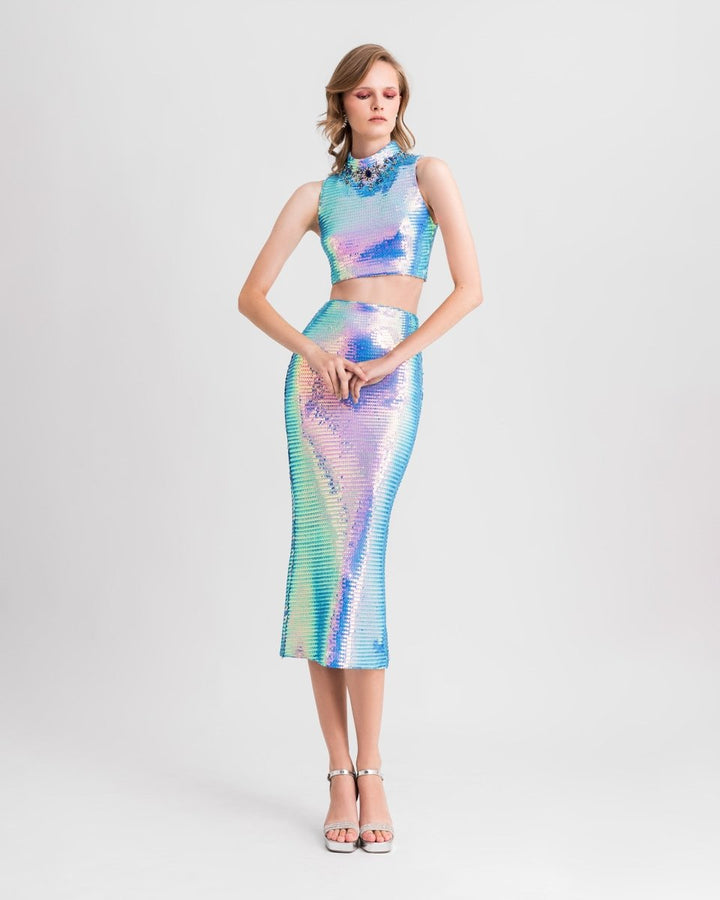 Beaded Collar Top With Pencil Skirt - Gemy Maalouf