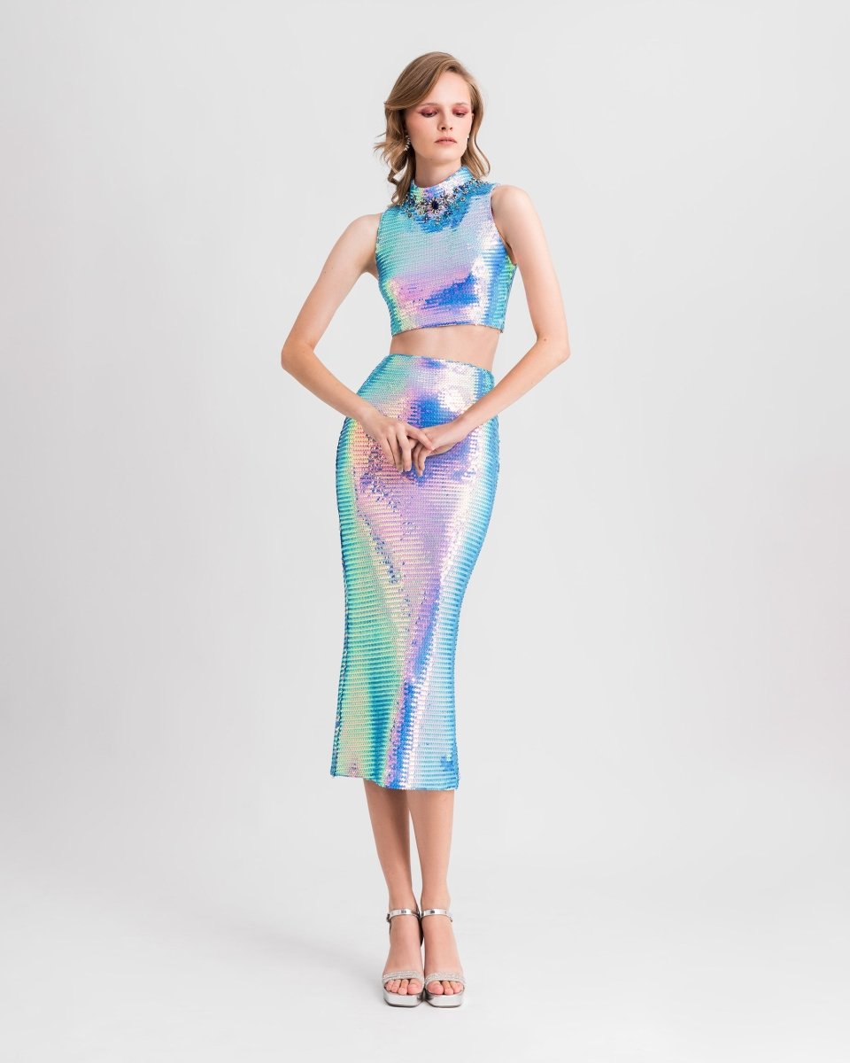 Beaded Collar Top With Pencil Skirt - Gemy Maalouf