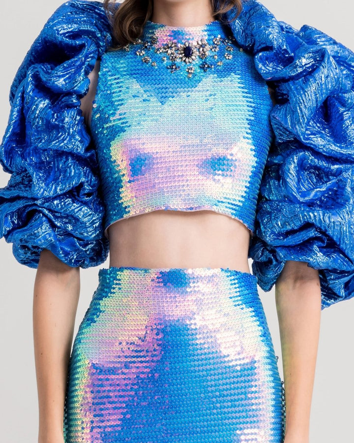 Beaded Collar Top With Pencil Skirt - Gemy Maalouf