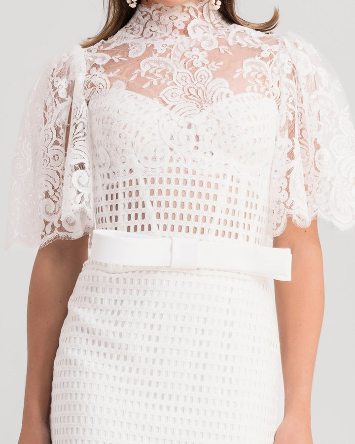 High - Collar Lace Top With Pencil Skirt - Gemy Maalouf