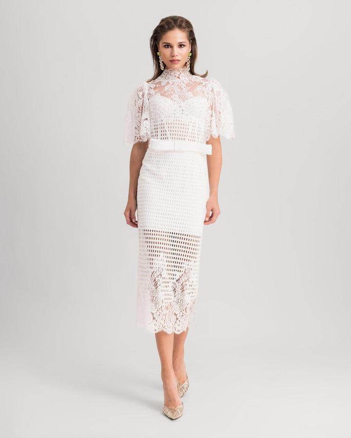 High - Collar Lace Top With Pencil Skirt - Gemy Maalouf