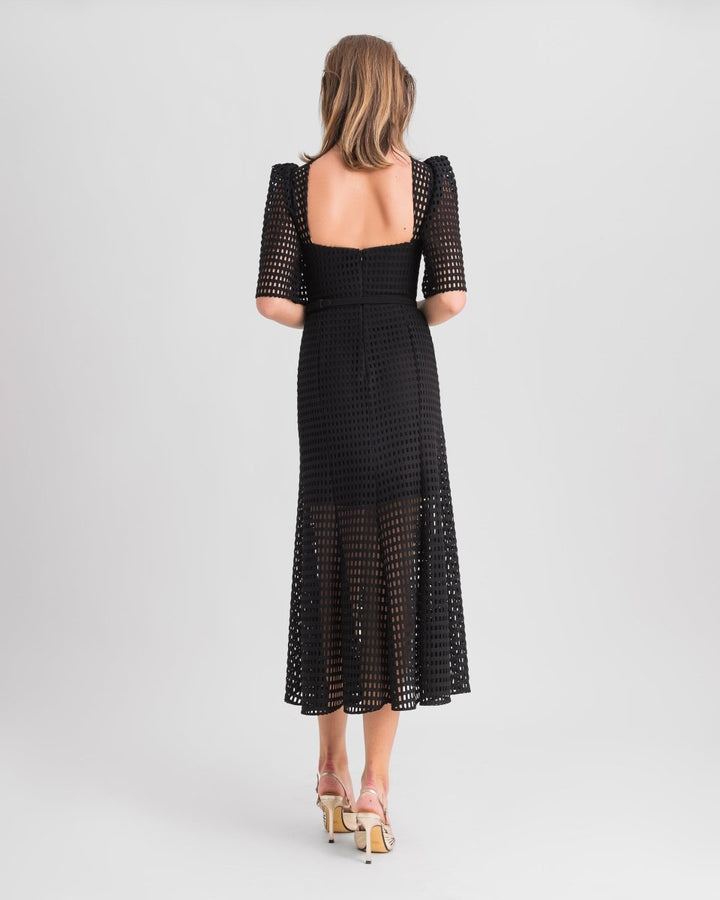 Puffed Shoulders Crochet Midi Dress - Gemy Maalouf