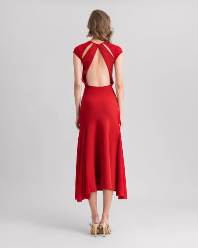 فستان أحمر ميدي محبوك مع فتحة على الأكتاف