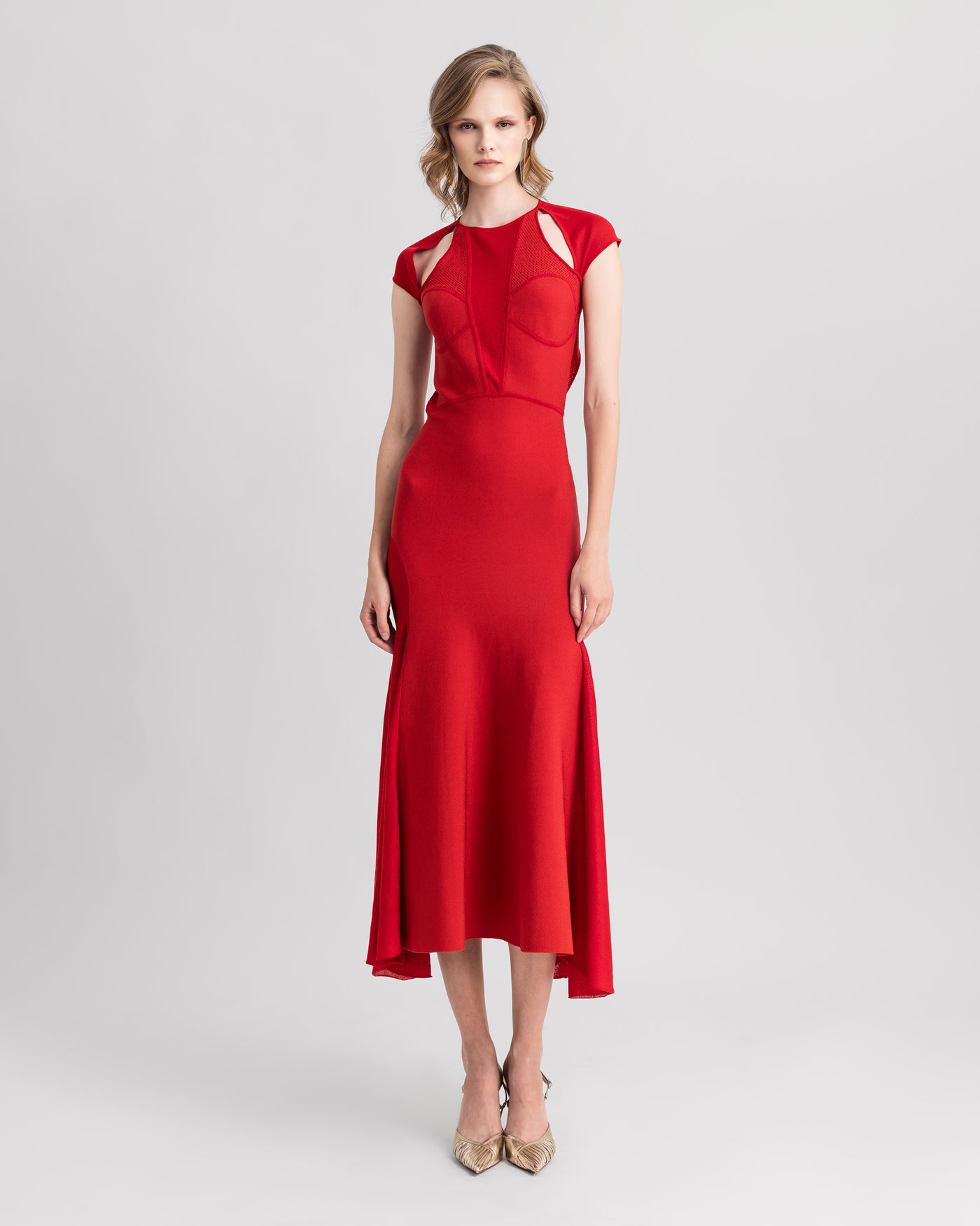 Red Knit Midi Dress With Cut-Outs