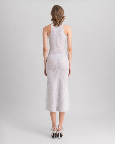 Silver Slim-Cut Pattern Lace Midi Dress