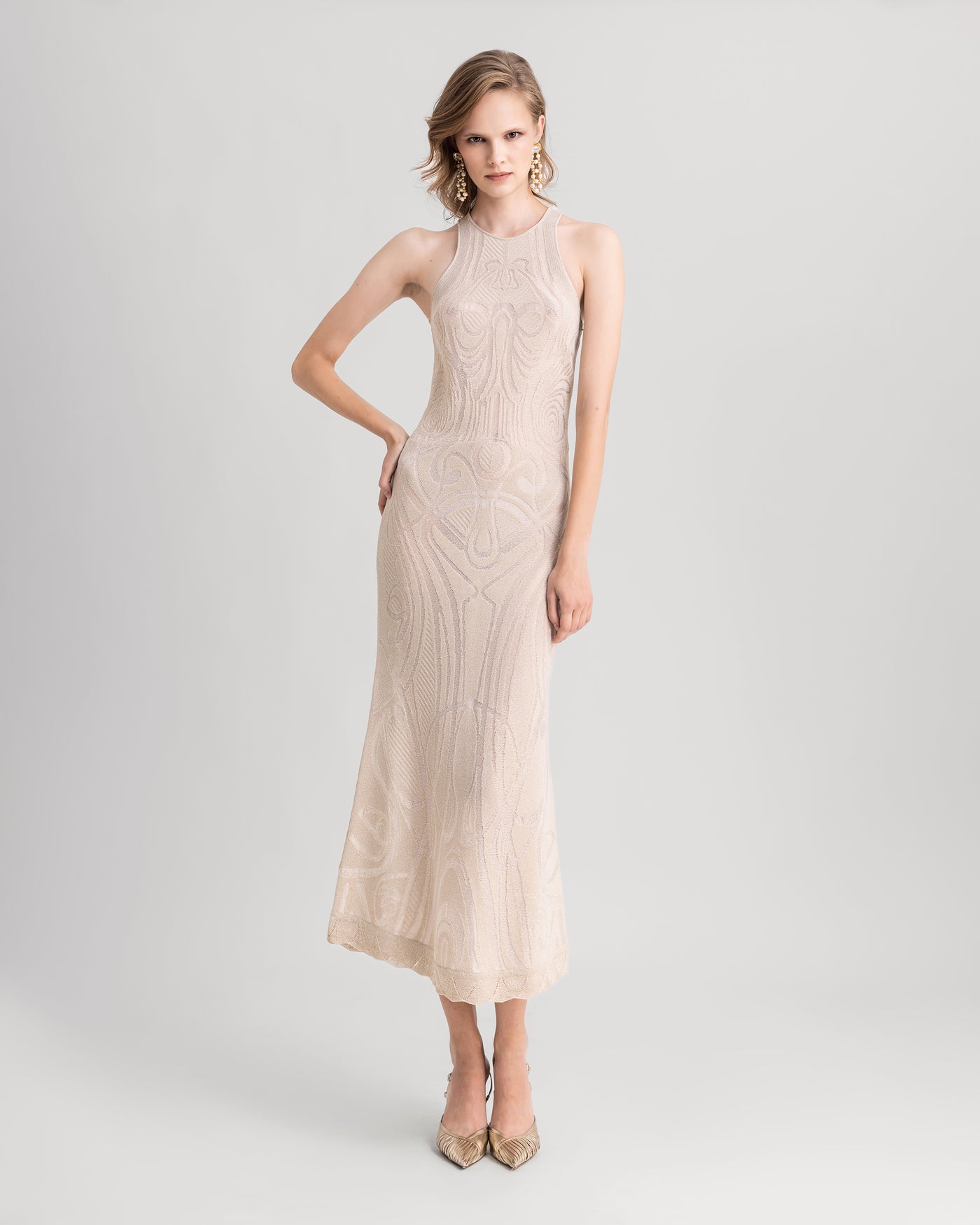 Gold Slim-Cut Pattern Lace Midi Dress