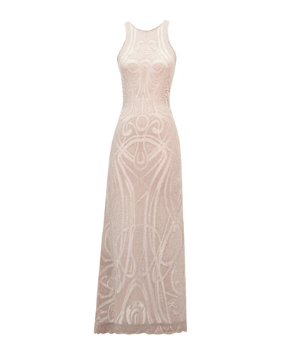 Gold Slim-Cut Pattern Lace Midi Dress