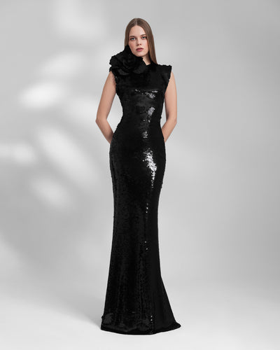 Black Wide-Shoulder Sequined Dress