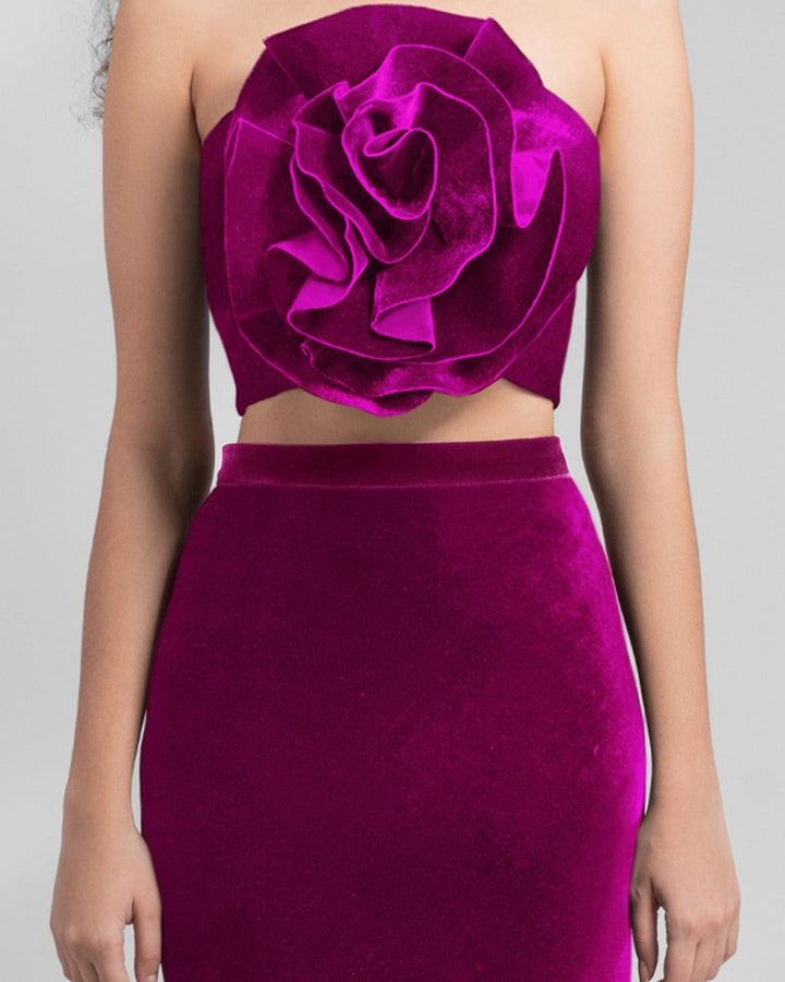 Fuchsia Velvet Flower Top and Skirt - Gemy Maalouf
