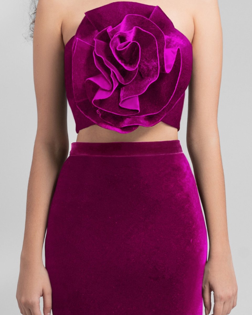 Fuchsia Velvet Flower Top and Skirt - Gemy Maalouf