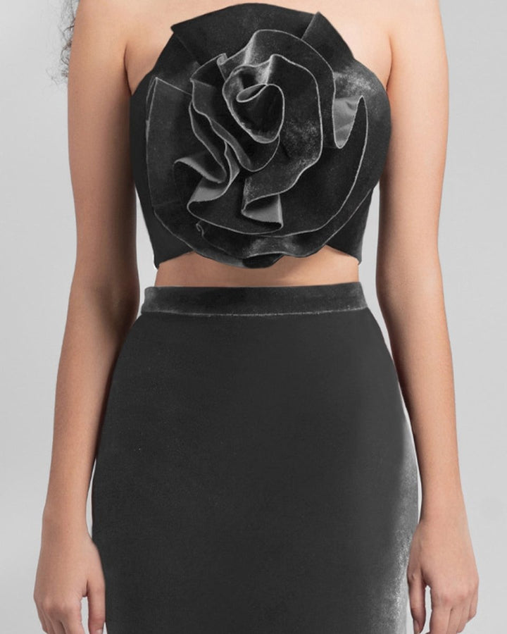Grey Velvet Flower Top and Skirt - Gemy Maalouf