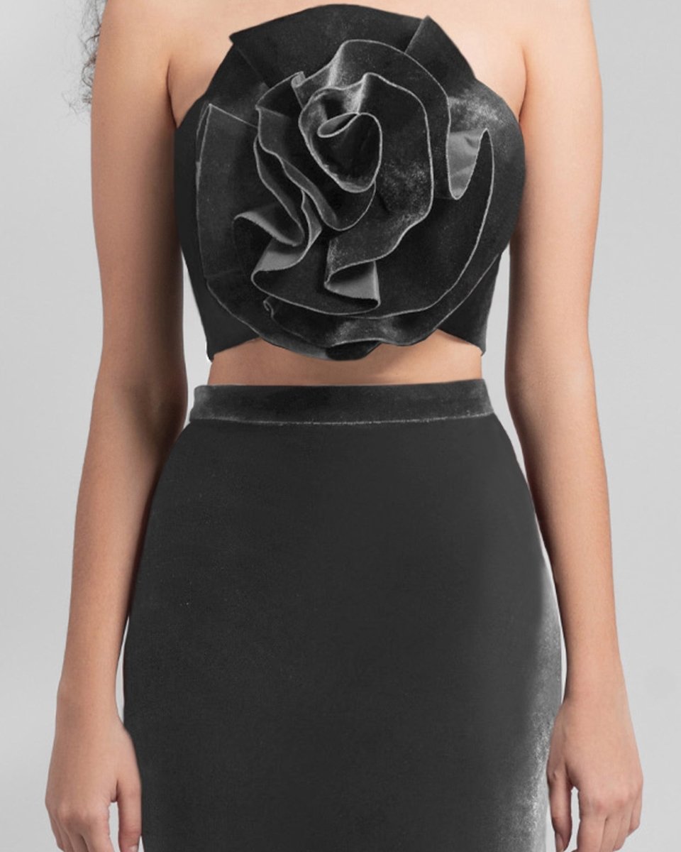 Grey Velvet Flower Top and Skirt - Gemy Maalouf