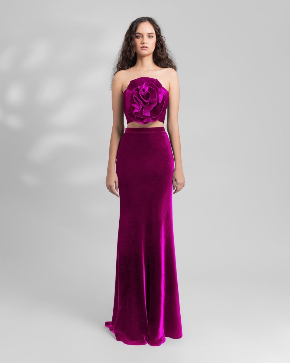 Fuchsia Velvet Flower Top and Skirt - Gemy Maalouf