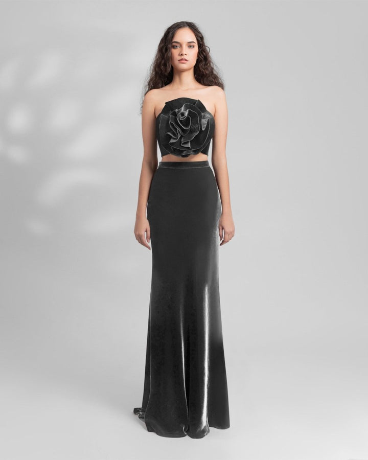 Grey Velvet Flower Top and Skirt - Gemy Maalouf