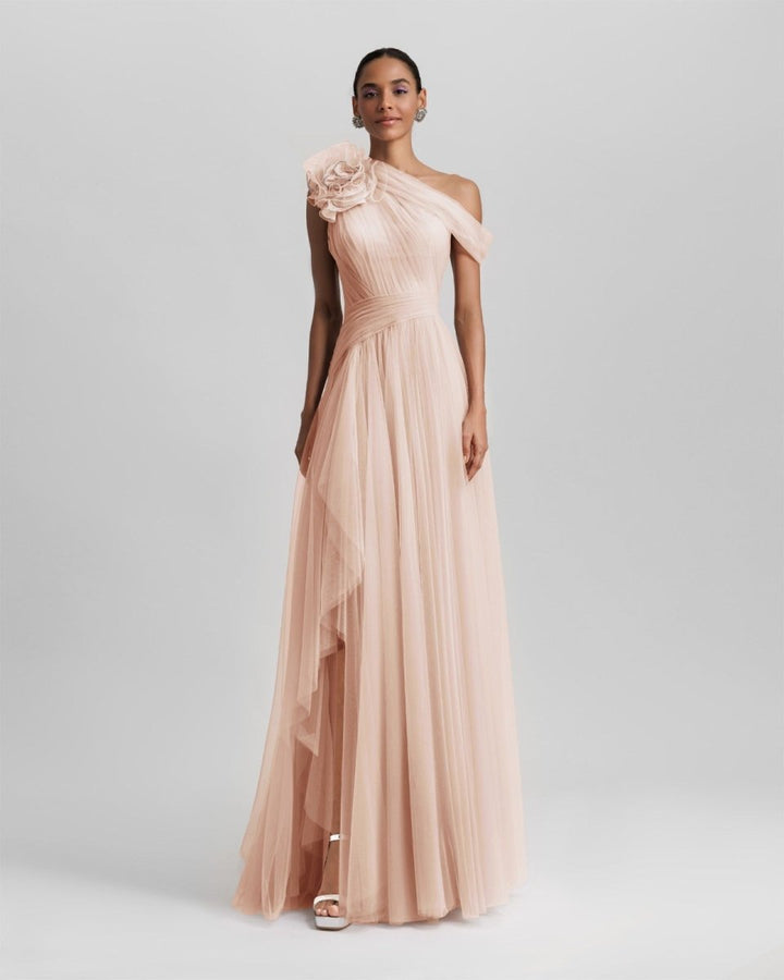 Blush Long Dress With Flower Design - Gemy Maalouf