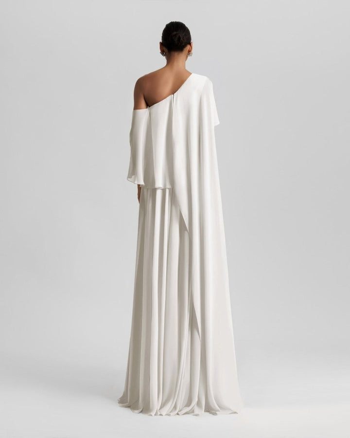 One - Shoulder White Dress with Ruffles - Gemy Maalouf