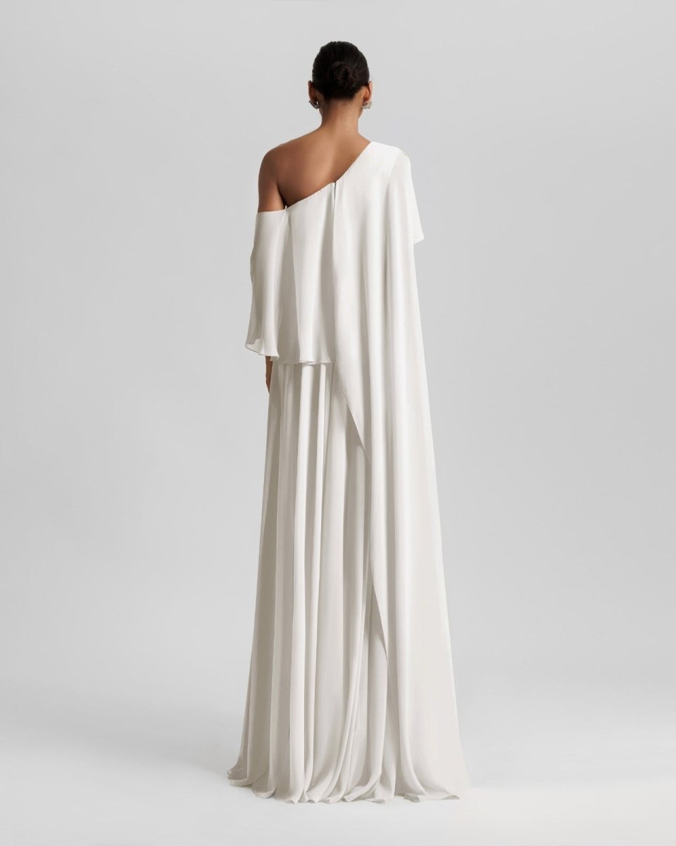 One - Shoulder White Dress with Ruffles - Gemy Maalouf