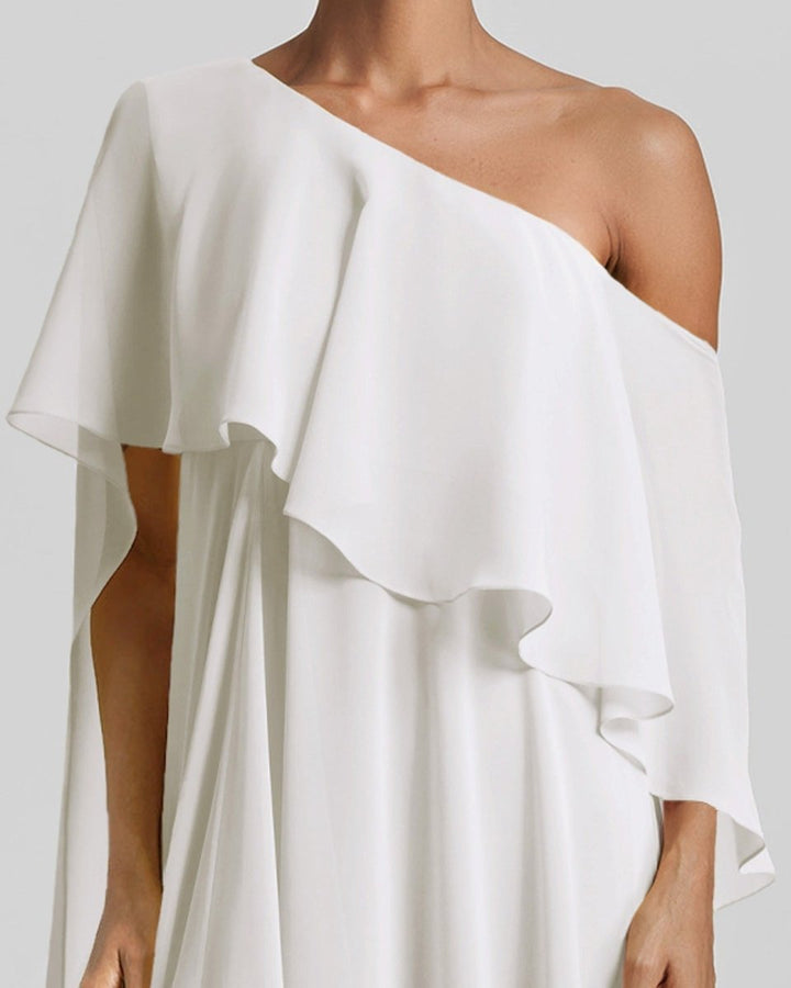 One - Shoulder White Dress with Ruffles - Gemy Maalouf